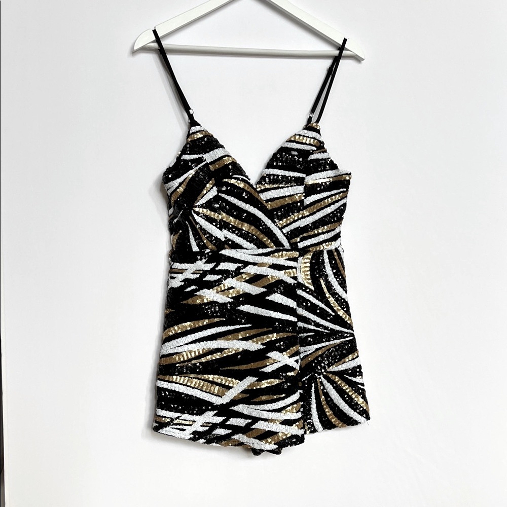 Luxxel Black Gold White Sequin Skirted Romper Dress HOCO NYE Party Women Sz M